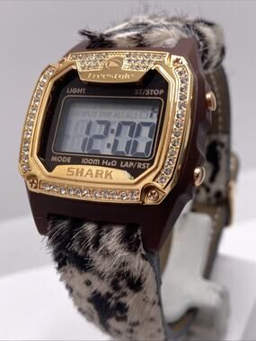 Freestyle Shark Rosegold Rhinestone Fuzzy Cow Band Surfing Watch New Battery